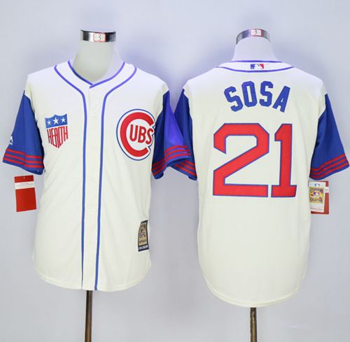 Cubs #21 Sammy Sosa Cream/Blue 1942 Turn Back The Clock Stitched MLB Jersey